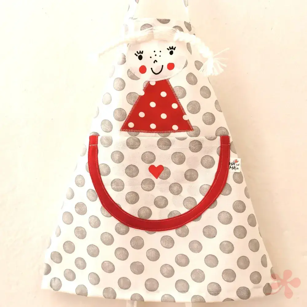 Zástěrka PANENKA-šedý puntík červená