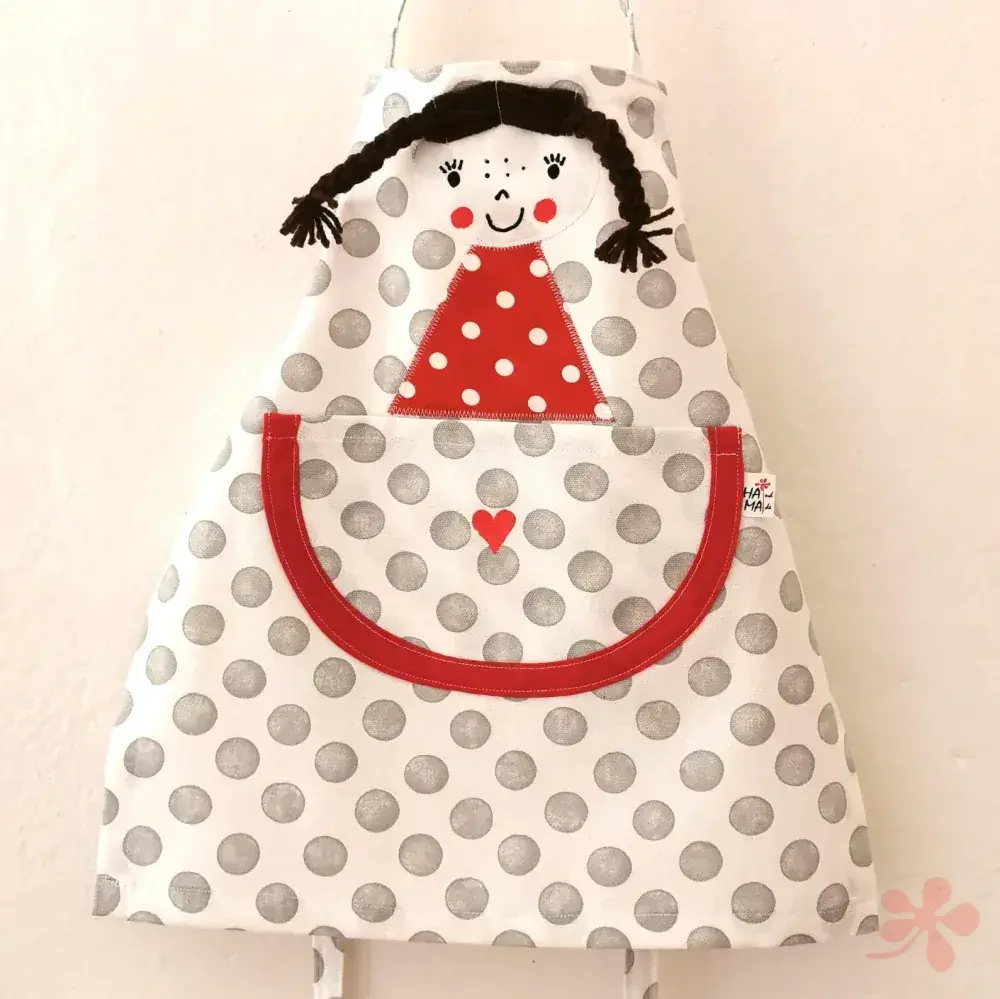 Zástěrka PANENKA-šedý puntík červená